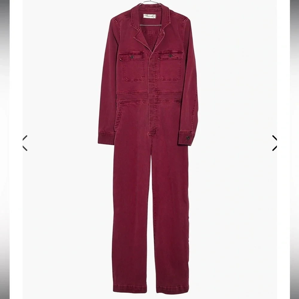 Madewell burgundy dyed denim straight leg overall long sleeve jumpsuit - Picture 9 of 10